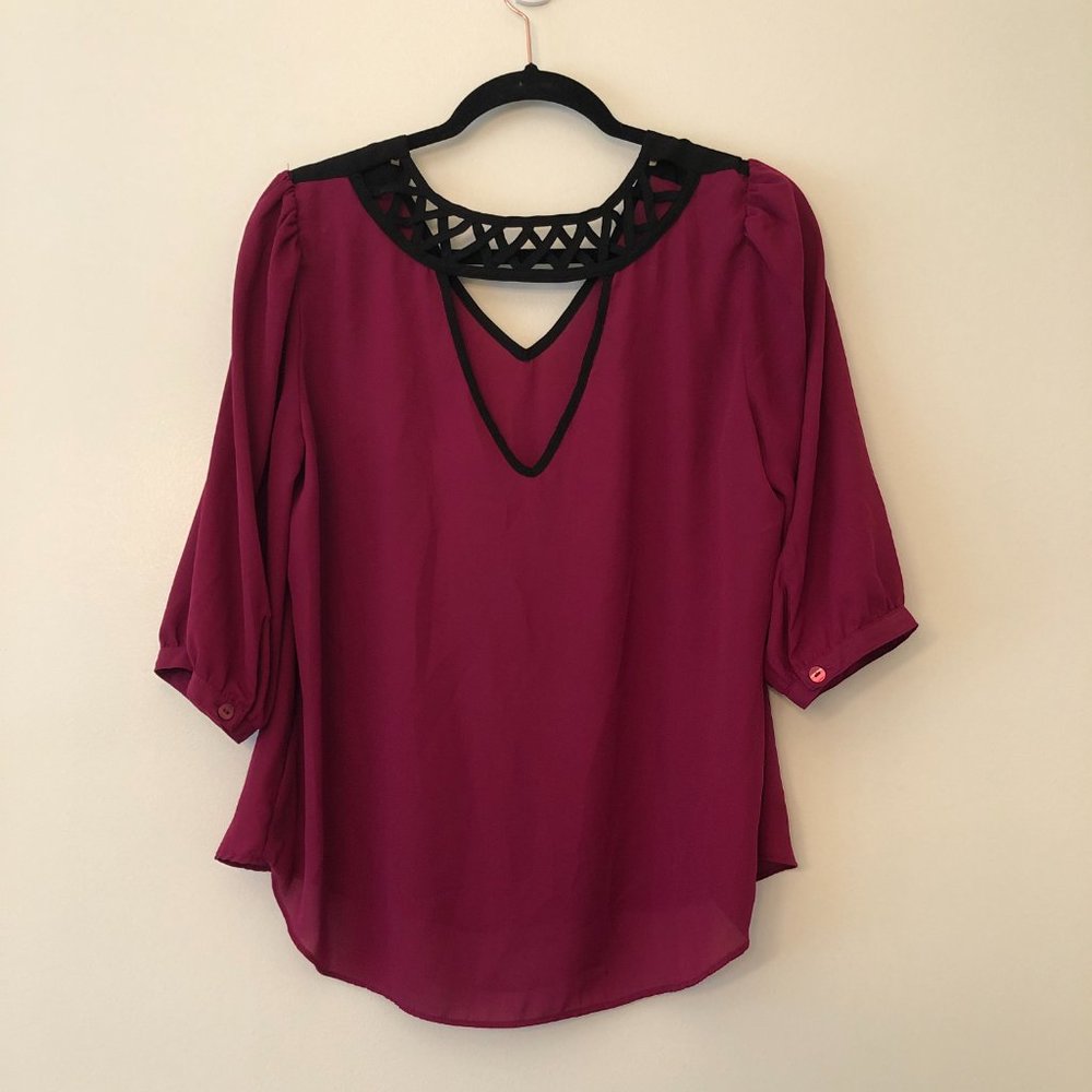 A. Byer Burgundy V-Neck 3/4 Sleeve Blouse | Size XL - Picture 5 of 11